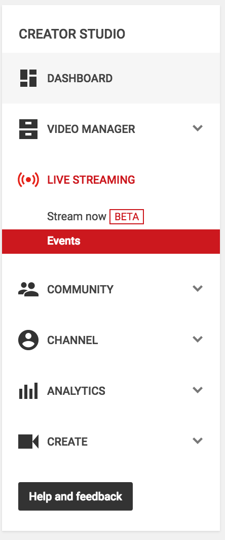 Image of expanded menu for Live Streaming